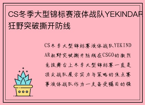 CS冬季大型锦标赛液体战队YEKINDAR狂野突破撕开防线