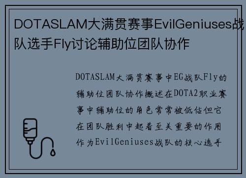 DOTASLAM大满贯赛事EvilGeniuses战队选手Fly讨论辅助位团队协作